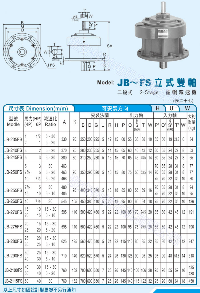 台湾减速机-草莓视频黄色软件强力型减速机 JB-FS立式双轴（二段式2-Stage草莓视频免费看）